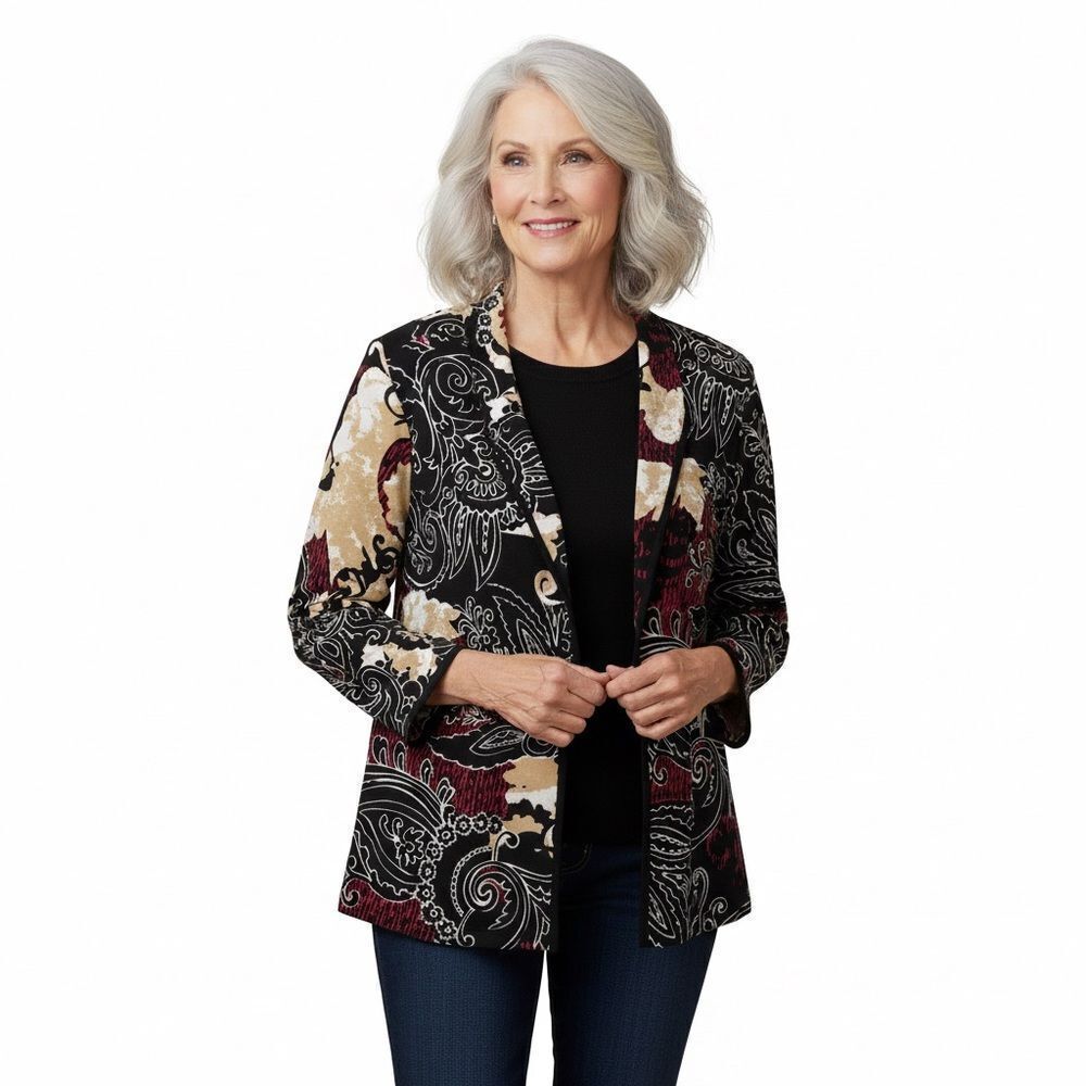 Chicos EasyWear Black Red and Gold Lightweight Cardigan